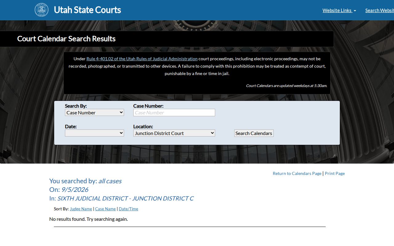 Piute County court calendar result for Junction District Court