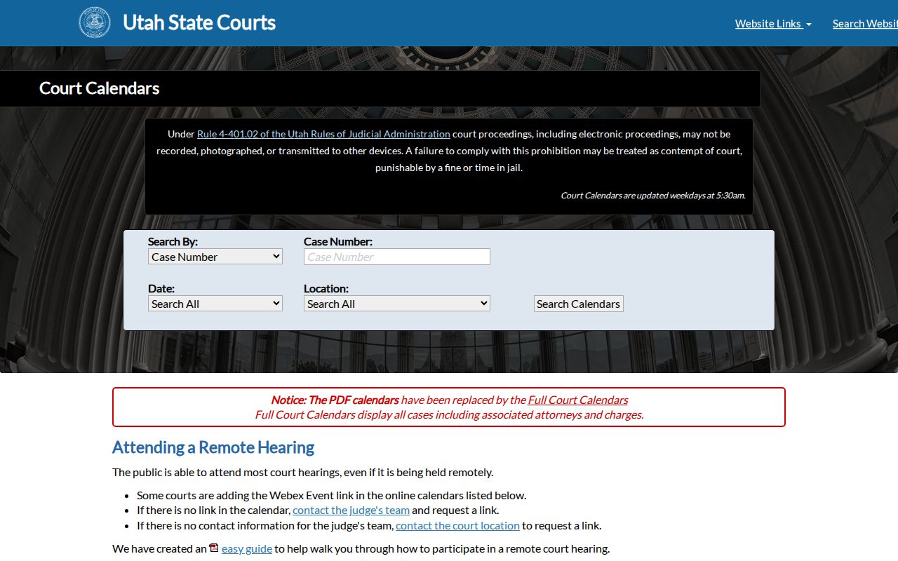 Piute County court schedule search on Utah Court Calendars