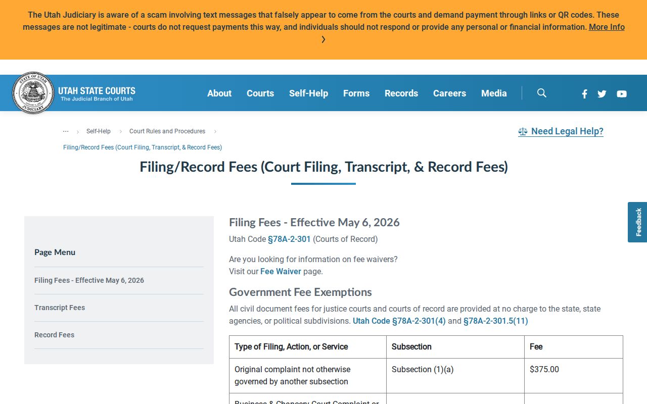 Piute County court record copy and certification fees
