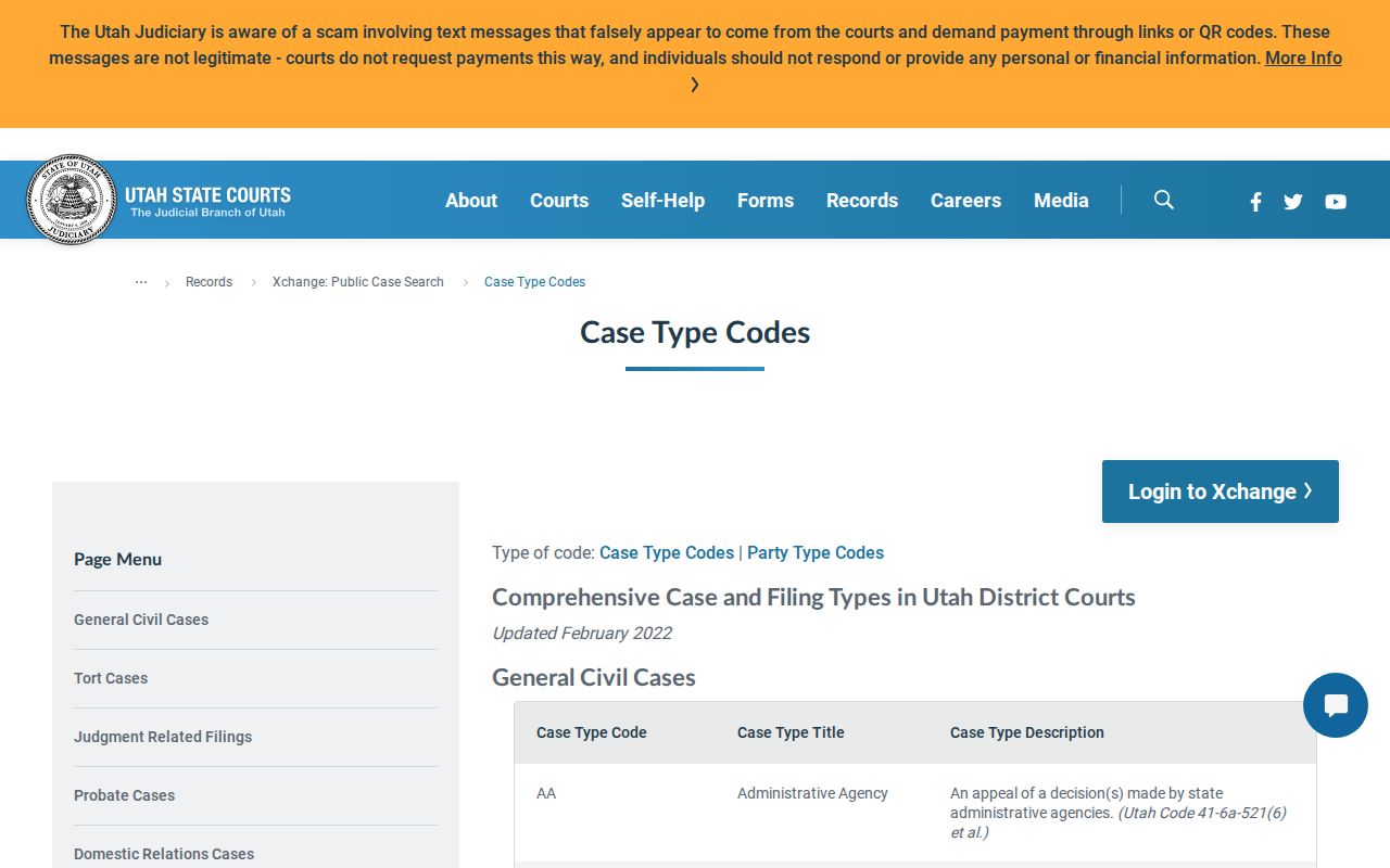 Utah Xchange civil and probate case-type codes used in Piute County