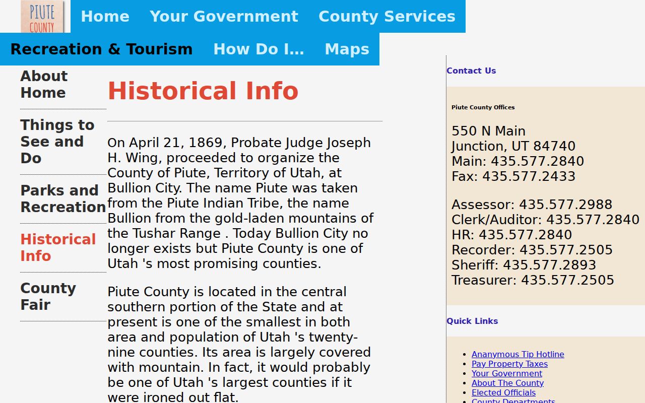 Piute County history page describing the historic and current courthouse complexes