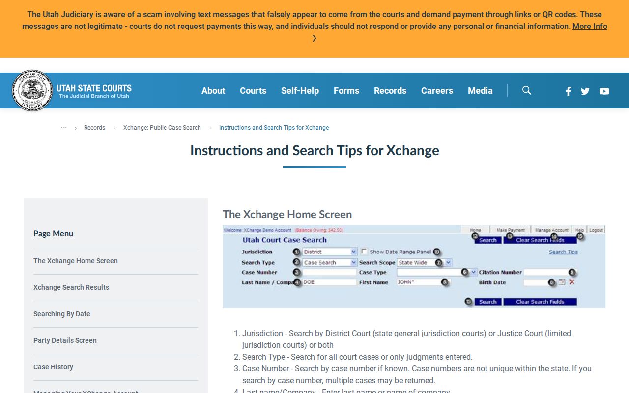 Utah Xchange criminal case search and history fields for Piute County